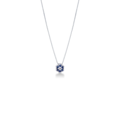 Collier en or blanc 18k fleur diamant et saphirs bleus