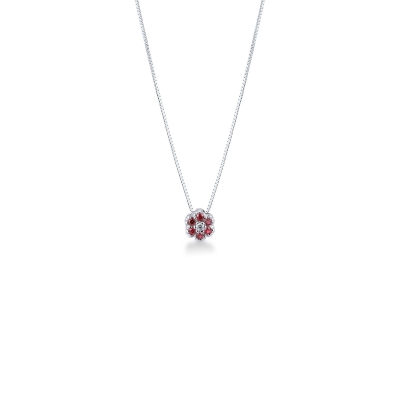 Collier avec pendentif fleur en or blanc 18k avec diamant et rubis