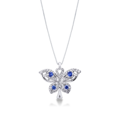Collier avec pendentif papillon en or blanc 18k avec diamants et saphirs bleus