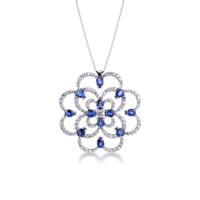 Collier fleur en or blanc 18k avec pendentif de saphirs bleus et diamants