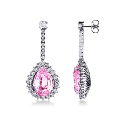 Boucles d’oreilles en or blanc 18k avec saphirs roses en forme de goutte d’environ 15x10 mm et diamants