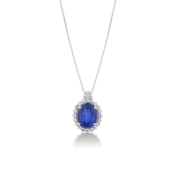 Collier Or Blanc 18k avec saphir bleu 10x8 entouré de diamants