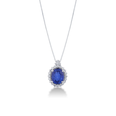 Collier Or Blanc 18k avec saphir bleu 10x8 entouré de diamants
