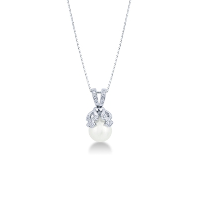 Collier femme en or blanc 18k avec perle naturelle et diamants