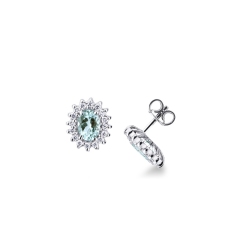 Boucles d'oreilles halo en or blanc 18k avec aigue-marine ovale et diamants