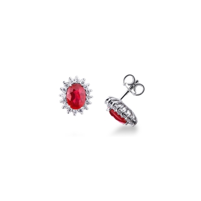 Boucles d'Oreilles en Or Blanc 18k avec Rubis Ovale et Diamants