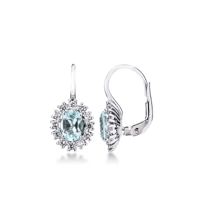 Boucles d'oreilles halo en or blanc 18k avec aigue-marine et diamants 
