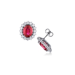 Boucles d'oreilles halo de diamants en or blanc 18k avec des rubis