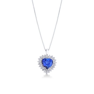 Collier saphir bleu cœur halo diamants design en or blanc 18k