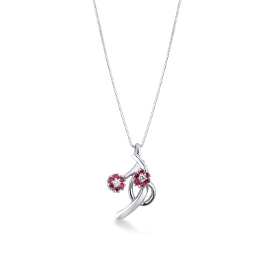 Collier avec pendentif fleurs en or blanc 18k avec rubis et diamants