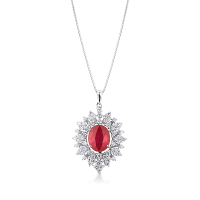 Collier en or blanc 18k avec rubis et halo diamants