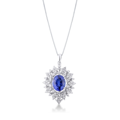 Collier design en or blanc 18k avec saphir bleu et diamants