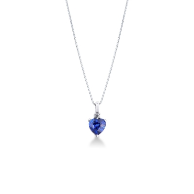 Collier or blanc 18k cœur saphir bleu et diamant