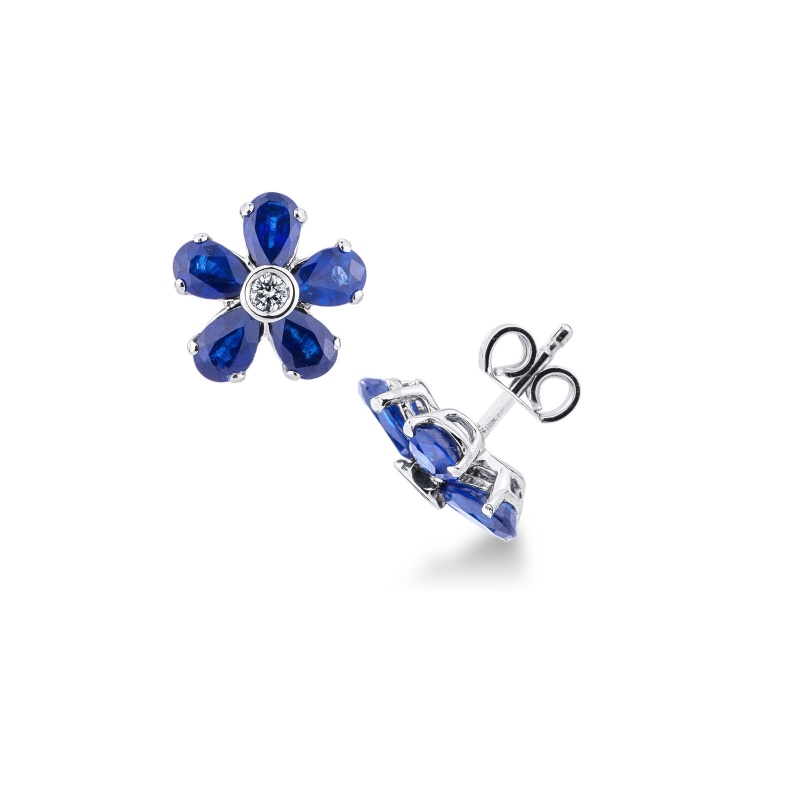 Boucles d’oreilles fleur Or Blanc 18k avec saphirs bleus et diamant