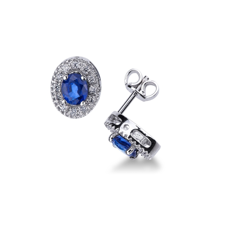 Boucles d’oreilles halo Or Blanc 18k avec saphirs et diamants