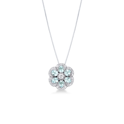 Collier or blanc 18k avec pendentif fleur aquamarines