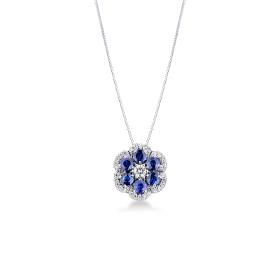 Collier or blanc 18k avec fleur saphirs bleus et diamants