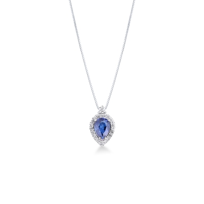 Collier en or blanc 18k goutte en saphir bleu et halo de diamants