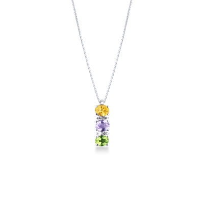 Collier en or blanc 18k avec trilogie de pierres précieuses multicolores