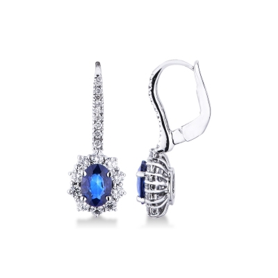 Boucles d’Oreilles Dormeuses en Or Blanc 18k avec Saphirs Bleus et Diamants