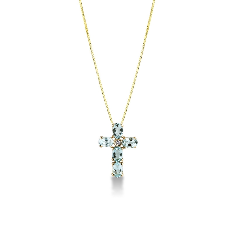 Collier en or jaune 18k avec croix sertie d’aiguemarine et diamant