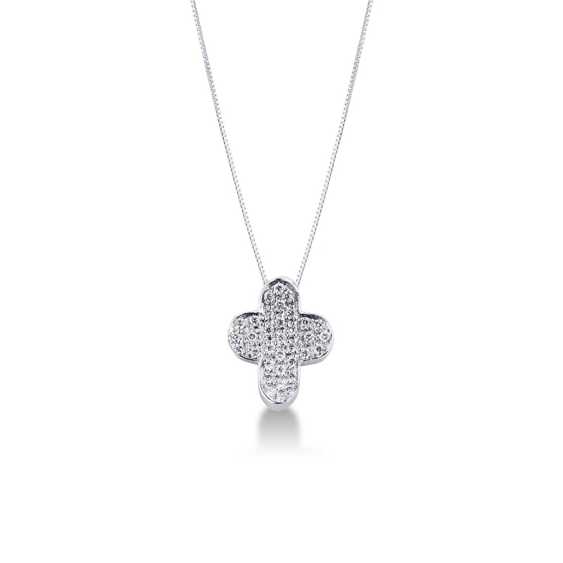 Collier en or blanc 18k avec croix bombée courbée et diamants