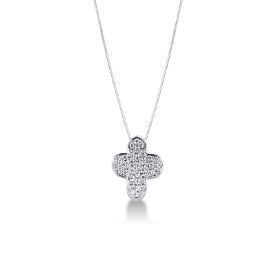 Collier en or blanc 18k avec croix bombée courbée et diamants