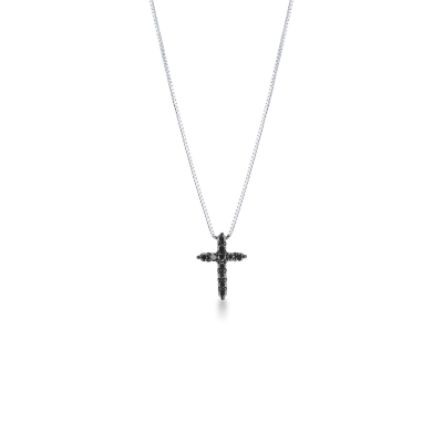 Collier croix en or blanc 18k avec diamants noirs