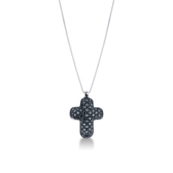 Collier avec croix bombée en or blanc 18k avec diamants noirs