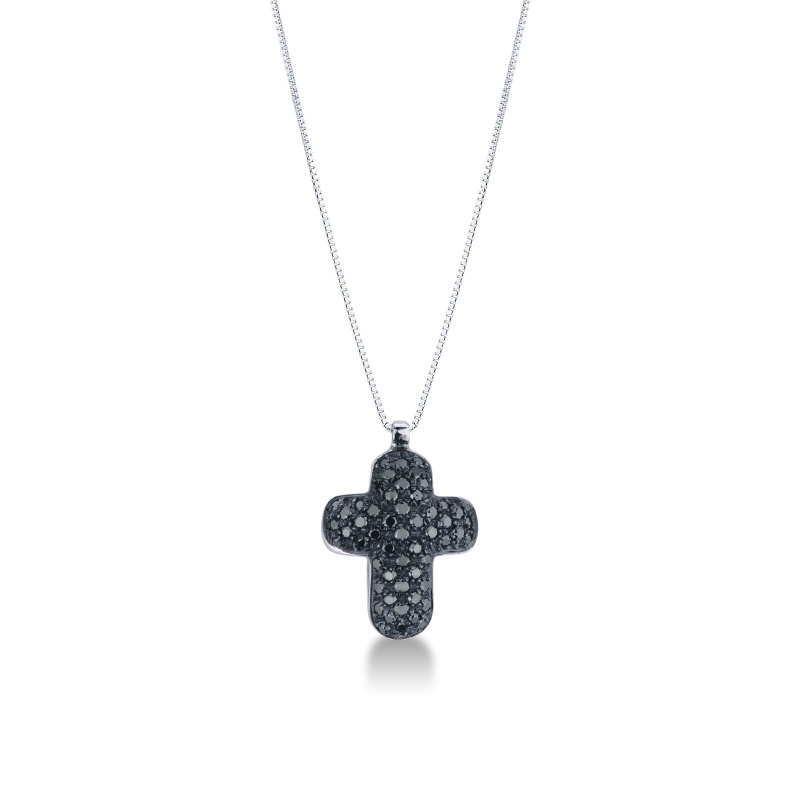 Collier avec croix bombée en or blanc 18k avec diamants noirs