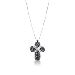 Collier avec croix bombée en or blanc 18k avec diamants noirs et diamant