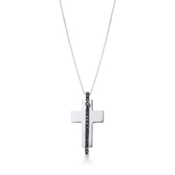 Collier avec croix pour homme en or blanc 18ct et diamants noirs