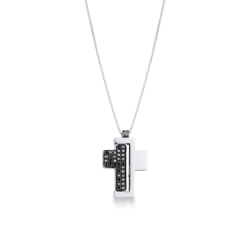 Collier croix or blanc 18k avec diamants noirs 50 cm