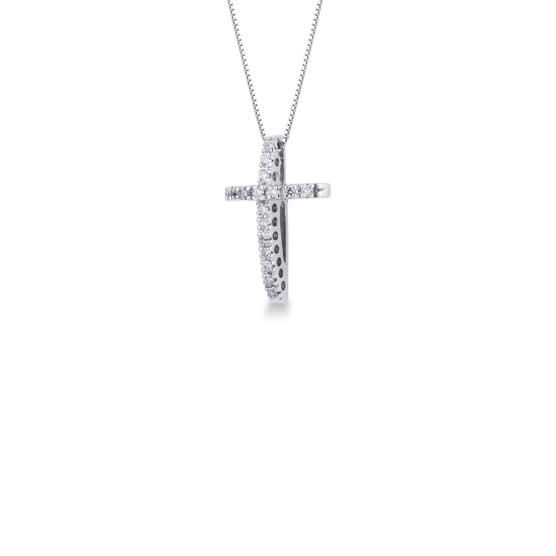 Collier croix bombée en or blanc 18k avec diamants  Collier croix bombée en or blanc 18k avec diamants