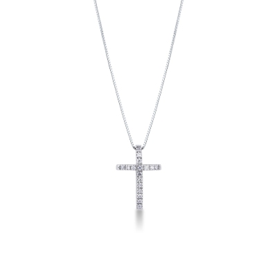  Collier croix bombée en or blanc 18k avec diamants