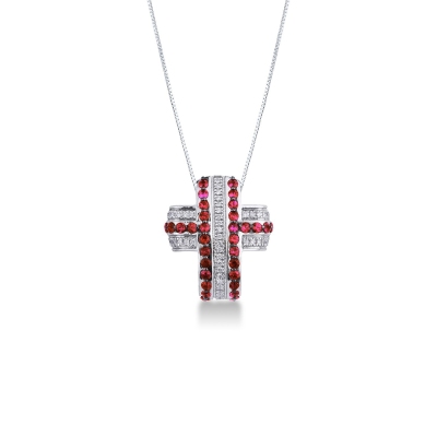 Collier en or blanc 18k avec croix bombée en diamants et rubis