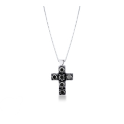 Collier pendentif croix homme en or blanc 18k et diamants noirs