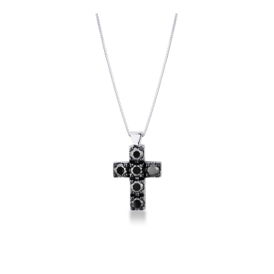 Collier pendentif croix homme en or blanc 18k et diamants noirs