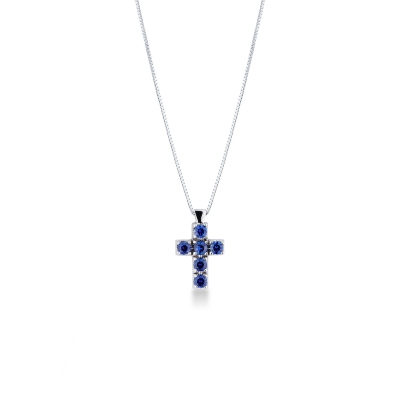 Pendentif en croix en or blanc 18 carats saphirs bleus