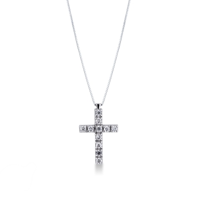 Collier en or blanc 18 carats avec une croix et des diamants, mesurant 24x15 mm