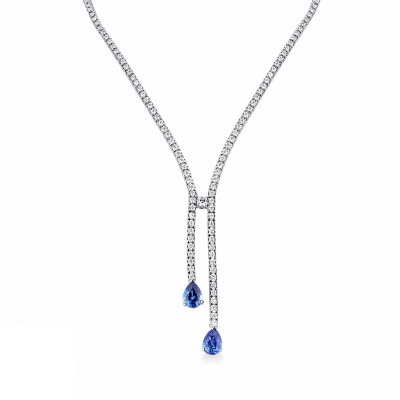 Collier tennis en or blanc 18k avec diamants et saphirs bleus