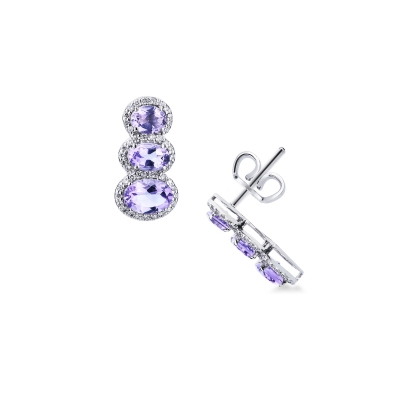 Boucles d’oreilles or blanc 18K trois améthystes et diamants