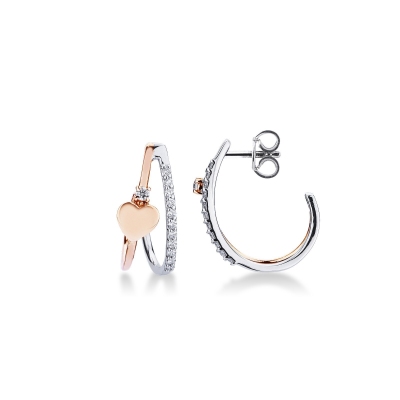 Boucles d’oreilles or blanc et rose 750 cœur avec diamants