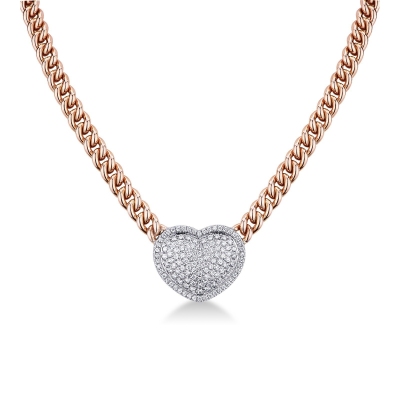 Collier gourmette or rose 18k avec cœur pavé de diamants