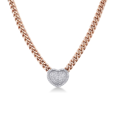 Collier gourmette or rose 750 avec cœur pavé de diamants