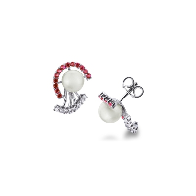 Boucles d'oreilles en or blanc 18k avec perles, rubis et des diamants