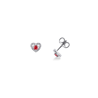 Boucles d'oreilles or blanc 18k avec rubis et entourage de diamants