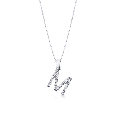 Collier en or blanc 18k avec lettre M sertie de diamants