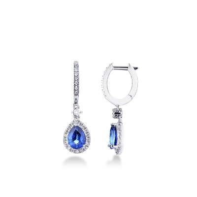 Boucles d’oreilles pendantes or blanc 18K avec saphirs bleus et diamants