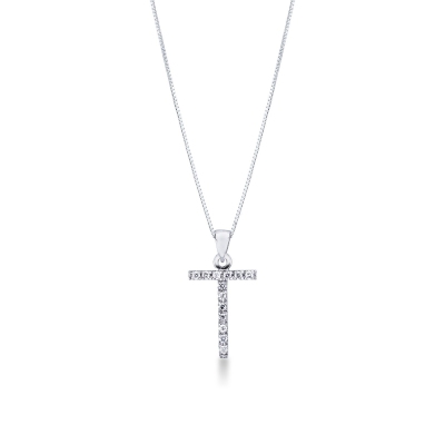 Collier pendentif lettre  T en or blanc 18K et diamants